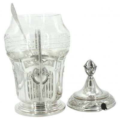 19th Century Silver Frame Etched Glass Punch Bowl
