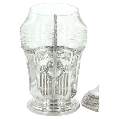 19th Century Silver Frame Etched Glass Punch Bowl