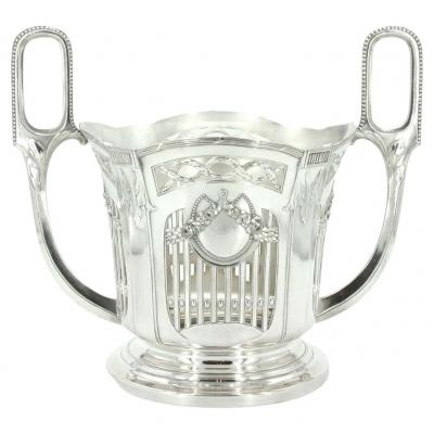 19th Century Silver Frame Etched Glass Punch Bowl