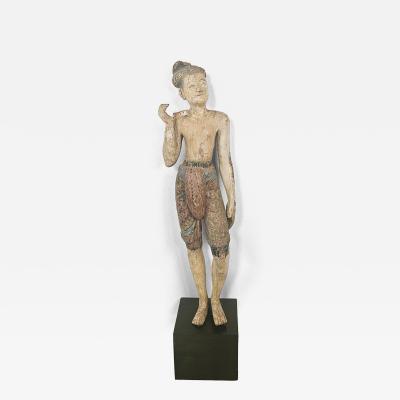 19th Century Southeast Asian Tall Painted Carved Wood Figure of a Man