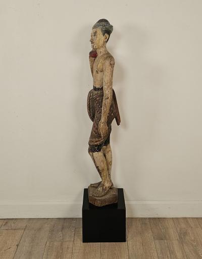 19th Century Southeast Asian Tall Painted Carved Wood Figure of a Man