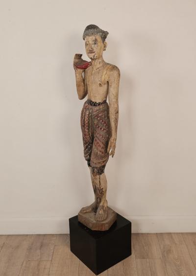 19th Century Southeast Asian Tall Painted Carved Wood Figure of a Man