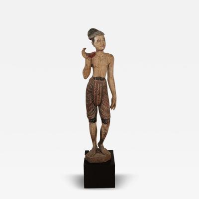 19th Century Southeast Asian Tall Painted Carved Wood Figure of a Man