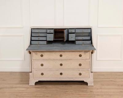 19th Century Swedish Bureau With Carved Columns And Blue Painted Interior