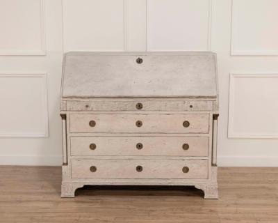 19th Century Swedish Bureau With Carved Columns And Blue Painted Interior