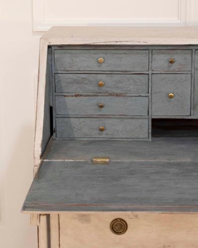 19th Century Swedish Bureau With Carved Columns And Blue Painted Interior