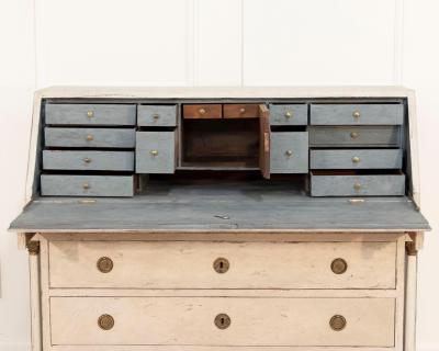 19th Century Swedish Bureau With Carved Columns And Blue Painted Interior
