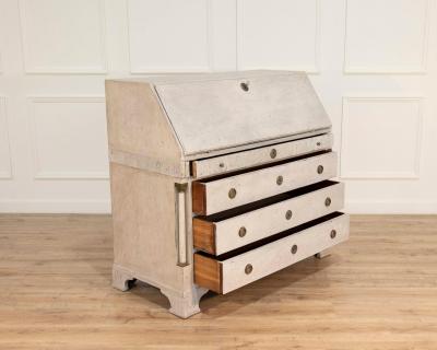 19th Century Swedish Bureau With Carved Columns And Blue Painted Interior