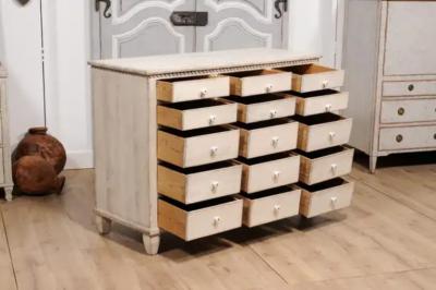 19th Century Swedish Light Painted and Carved Apothecary Chest with 15 Drawers