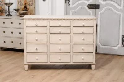 19th Century Swedish Light Painted and Carved Apothecary Chest with 15 Drawers