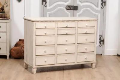 19th Century Swedish Light Painted and Carved Apothecary Chest with 15 Drawers