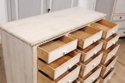 19th Century Swedish Light Painted and Carved Apothecary Chest with 15 Drawers