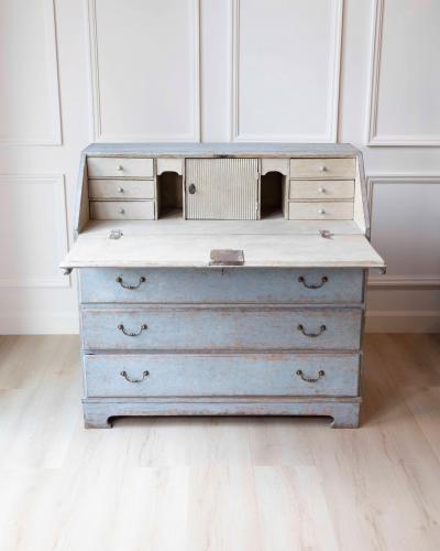 19th Century Swedish Painted Secretary in Blue with White Highlights circa 1830