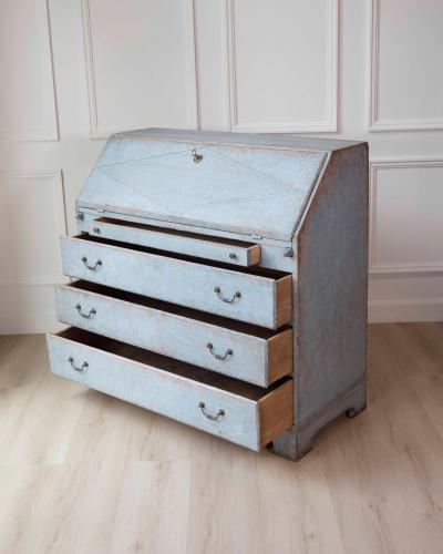 19th Century Swedish Painted Secretary in Blue with White Highlights circa 1830
