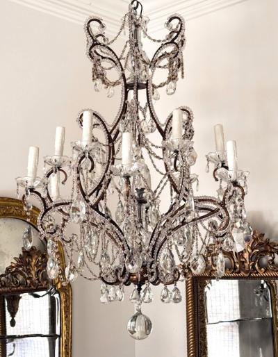 19th Century Toscano 12 lite Iron Crystal Chandelier US wiring