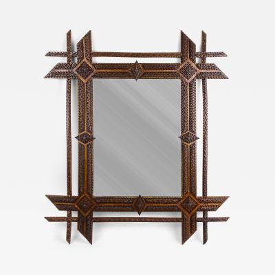 19th Century Tramp Art Wall Mirror Basswood Handcarved Austria ca 1870