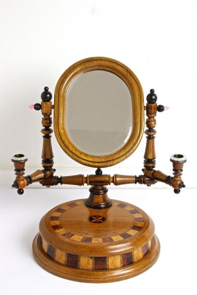 19th Century Vanity Table Mirror With Candlesticks Micro Inlays AT ca 1890