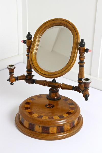 19th Century Vanity Table Mirror With Candlesticks Micro Inlays AT ca 1890