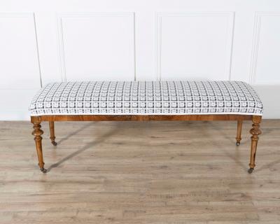 19th Century Walnut Upholstered Bench with Turned Legs and Casters