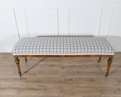 19th Century Walnut Upholstered Bench with Turned Legs and Casters