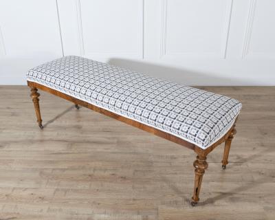 19th Century Walnut Upholstered Bench with Turned Legs and Casters