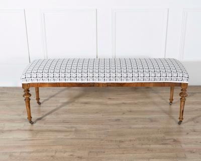 19th Century Walnut Upholstered Bench with Turned Legs and Casters