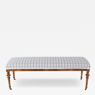 19th Century Walnut Upholstered Bench with Turned Legs and Casters