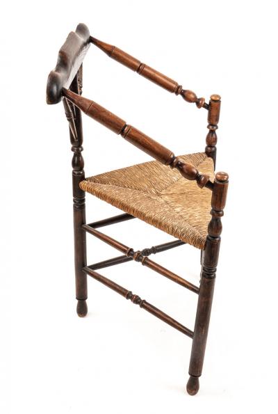 19th Century Wooden Spindle Corner Chair with Rush Seat