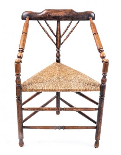 19th Century Wooden Spindle Corner Chair with Rush Seat