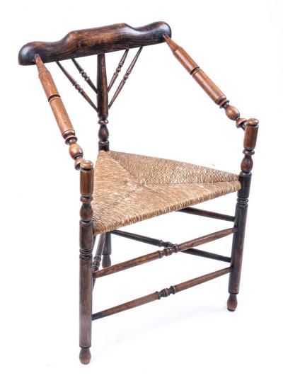 19th Century Wooden Spindle Corner Chair with Rush Seat