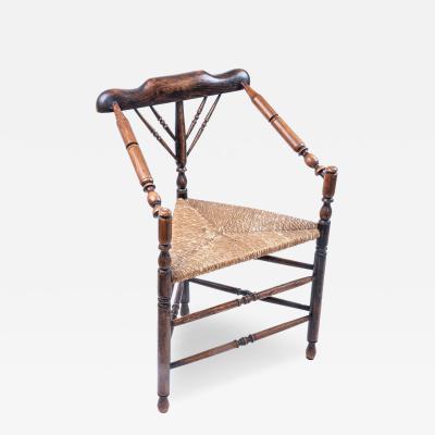 19th Century Wooden Spindle Corner Chair with Rush Seat