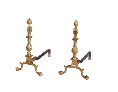 19th c American Brass Flame Tip Andirons
