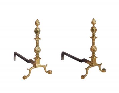 19th c American Brass Flame Tip Andirons