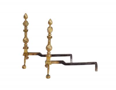 19th c American Brass Flame Tip Andirons