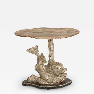 19th c Italian Silver Leaf Dolphin Side Table with Original Wood Grain Onyx Top