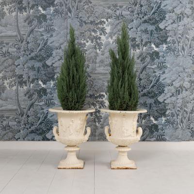 19th c Pair of English Painted Cast Iron Medici or Borghese Urns