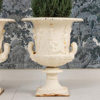 19th c Pair of English Painted Cast Iron Medici or Borghese Urns