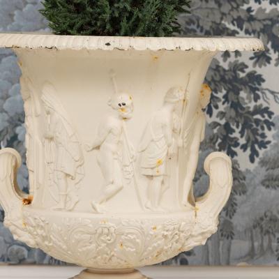 19th c Pair of English Painted Cast Iron Medici or Borghese Urns