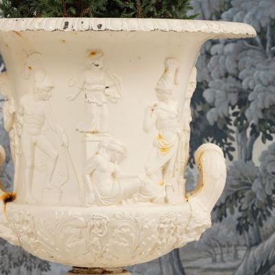 19th c Pair of English Painted Cast Iron Medici or Borghese Urns