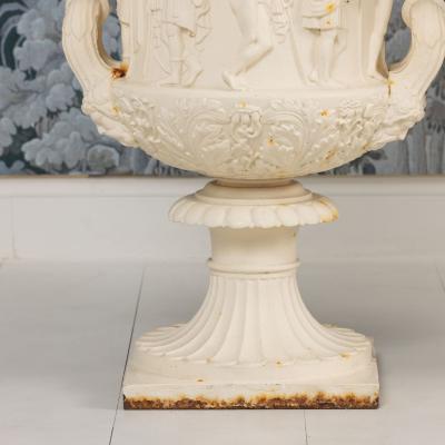 19th c Pair of English Painted Cast Iron Medici or Borghese Urns