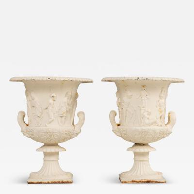 19th c Pair of English Painted Cast Iron Medici or Borghese Urns