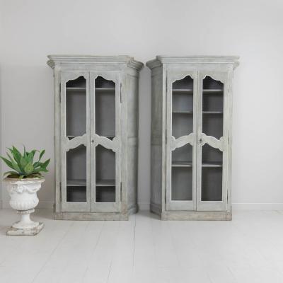 19th c Pair of French Painted Armoire Cabinets with Serpentine Sides