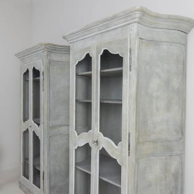 19th c Pair of French Painted Armoire Cabinets with Serpentine Sides