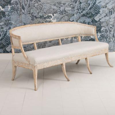 19th c Swedish Gustavian Painted Barrel Back Sofa Bench with Splayed Legs