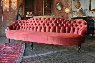 19th c Tufted Sofa with Gold Leaf Iron Planter