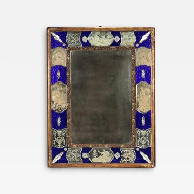 19th c Venetian Murano Mirror with Blue Glass and Reverse Etched Mirror Plates