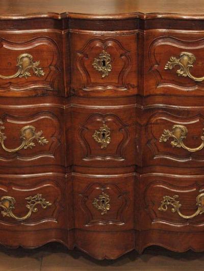 19th century French Arbalette Louis XV Walnut 3 Drawer Commode