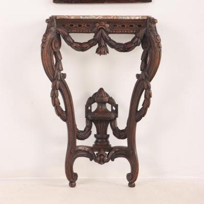 19th century French carved walnut console table with conforming trumeau mirror 