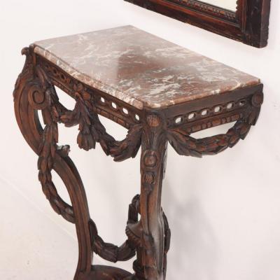 19th century French carved walnut console table with conforming trumeau mirror 