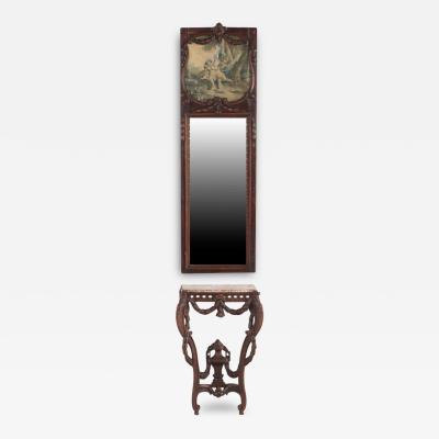 19th century French carved walnut console table with conforming trumeau mirror 